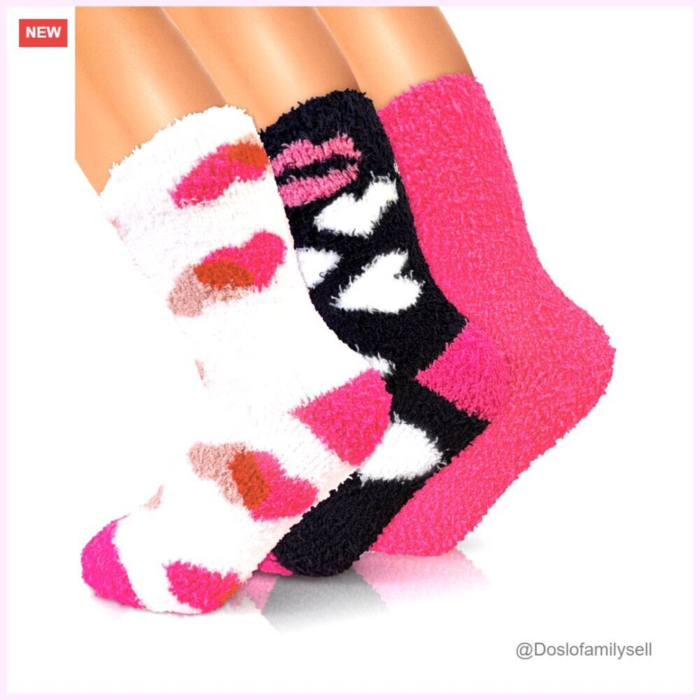Buttery Soft Fuzzy Socks Cozy Warm Fluffy 3 Pairs Heart Pattern Gift